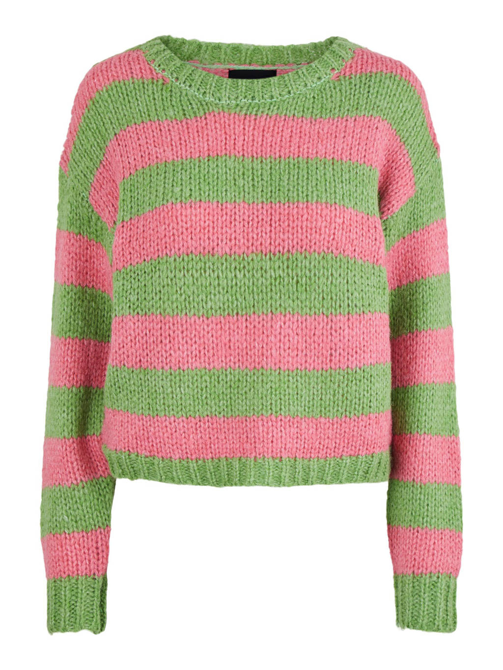 Groen en roze dames PIECES gestreepte gebreide trui van gerecycled polyester met lange mouwen en ronde hals