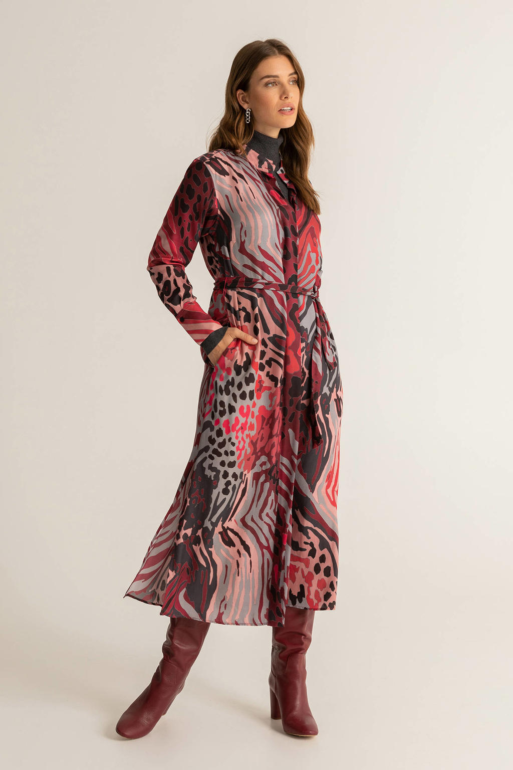 Expresso jurk met all over print donkerrood/lichtroze/grijsblauw