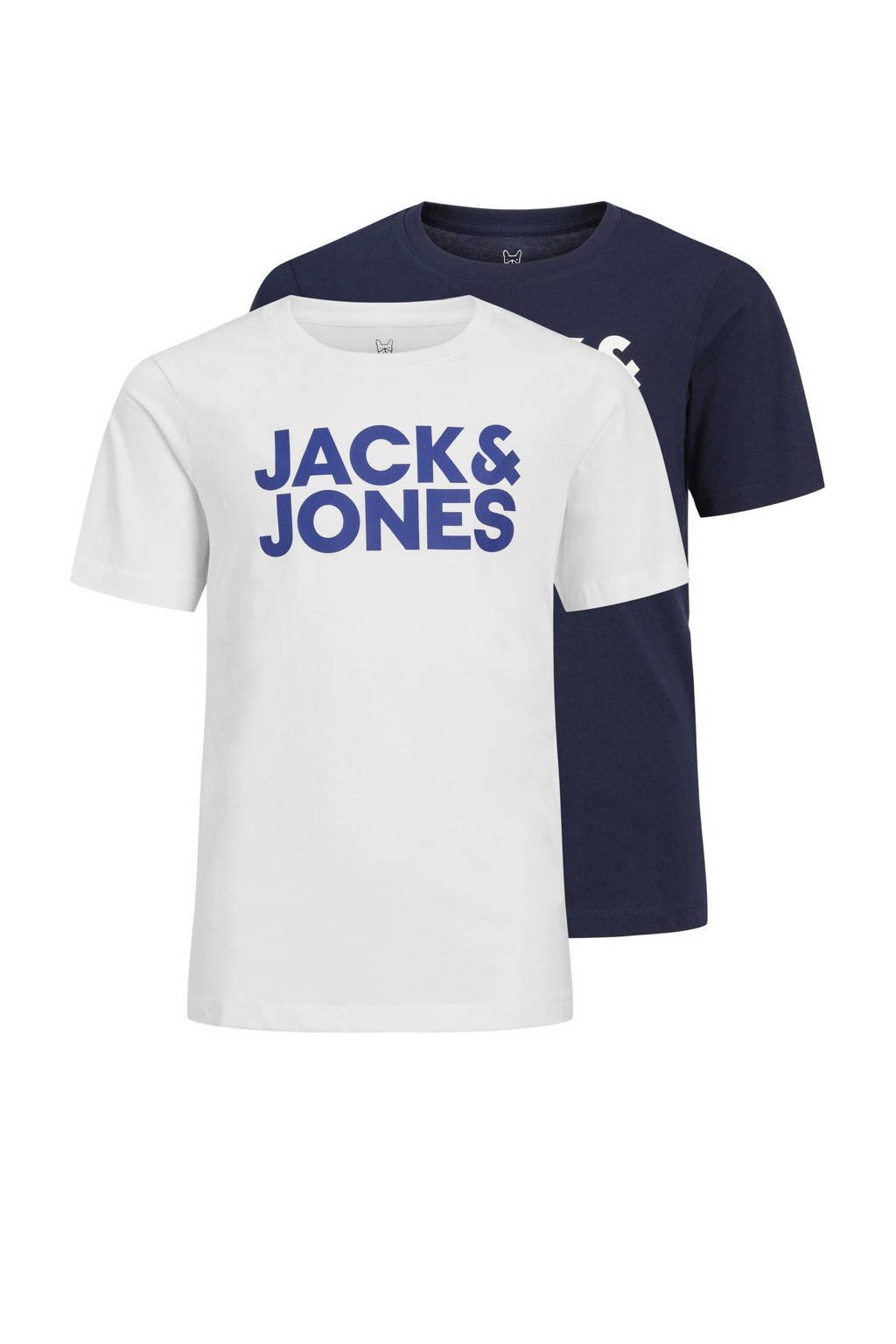 Set van 2 donkerblauw en witte jongens JACK & JONES JUNIOR t-shirt van katoen met logo dessin, korte mouwen en ronde hals