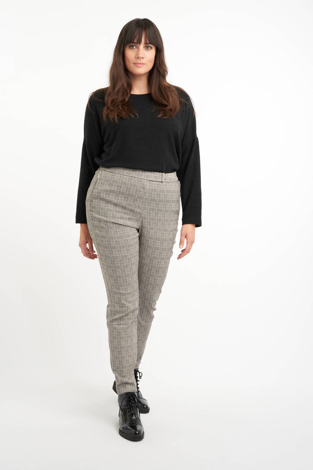 Grijze dames MS Mode geruite slim fit pantalon van viscose met regular waist