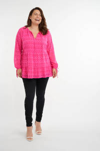 Roze dames MS Mode semi-transparante top en volant van polyester met all over print, lange mouwen, strikkraag en ballonmouwen
