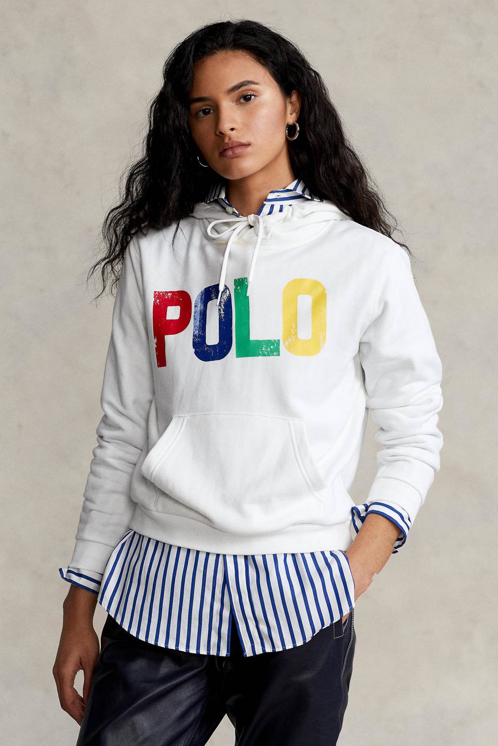 Witte dames POLO Ralph Lauren hoodie van katoen met logo dessin, lange mouwen, capuchon en tunnelkoord