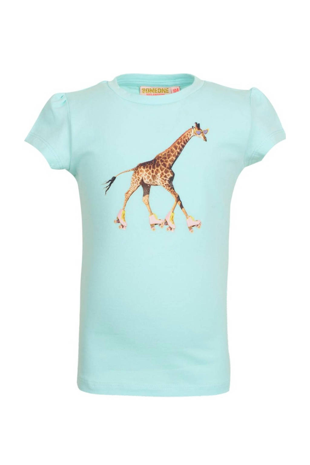 Blauwe meisjes Someone T-shirt Giraffe van stretchkatoen met printopdruk, korte mouwen en ronde hals