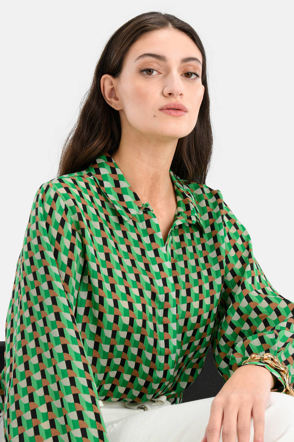 blouse Retro met grafische print groen/bruin/zwart/gebroken wit | wehkamp