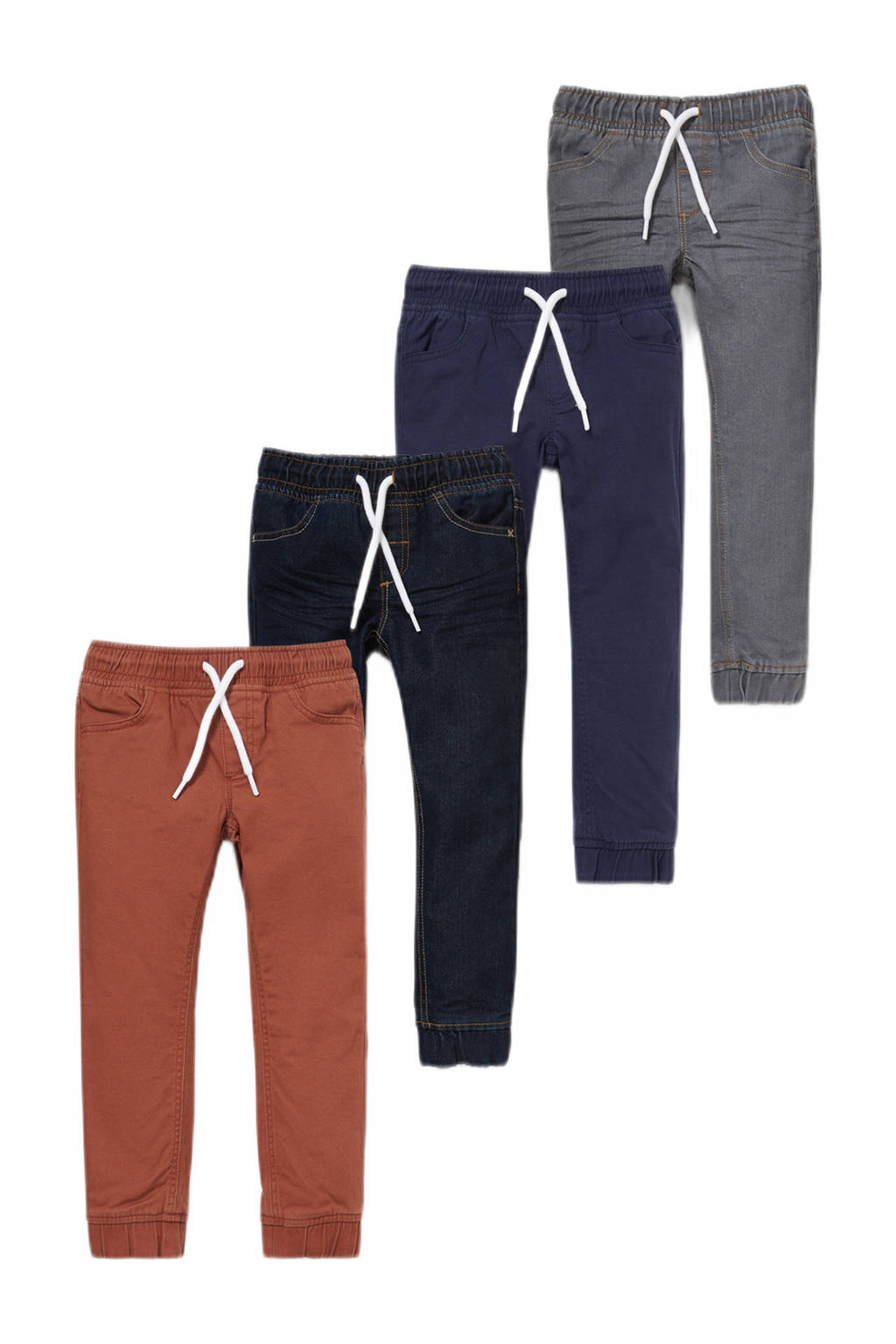 Set van 4 bruin, zwart en blauwe jongens C&A skinny broek van stretchkatoen met regular waist en elastische tailleband met koord