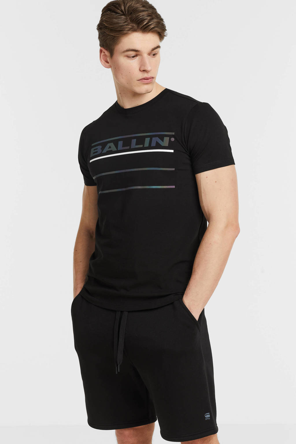 Zwarte heren Ballin T-shirt van stretchkatoen met logo dessin, korte mouwen en ronde hals