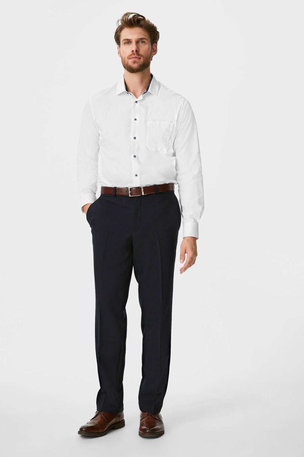 Witte heren C&A regular fit overhemd van katoen met lange mouwen, klassieke kraag en knoopsluiting