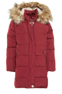 Donkerrode meisjes C&A gewatteerde winterjas van polyester met lange mouwen, capuchon, rits- en drukknoopsluiting en glitters