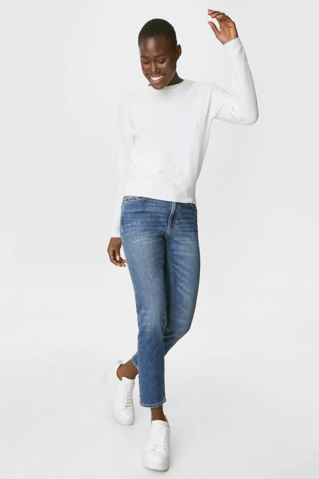 C&A cropped tapered fit jeans met biologisch katoen blauw, Blauw