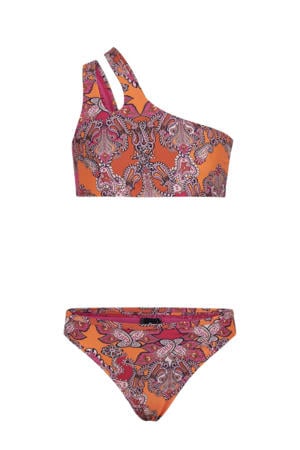 one shoulder bikini met paisley print roze/oranje