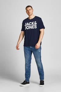 Donkerblauwe heren JACK & JONES PLUS SIZE T-shirt Plus Size van katoen met logo dessin, korte mouwen en ronde hals