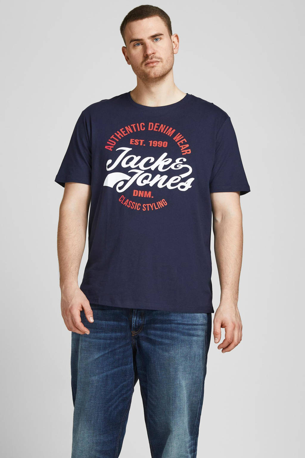 Donkerblauwe heren JACK & JONES PLUS SIZE T-shirt Plus Size van katoen met logo dessin, korte mouwen en ronde hals