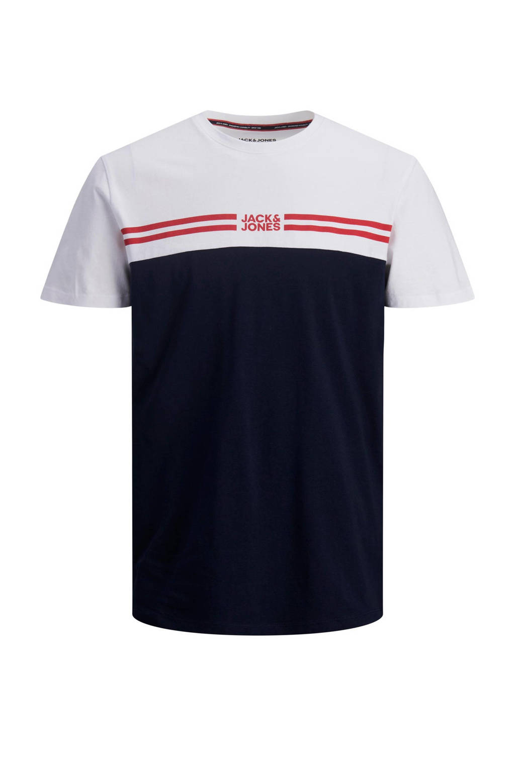 Marineblauwe heren JACK & JONES PLUS SIZE T-shirt Plus Size white van katoen met logo dessin, korte mouwen en ronde hals
