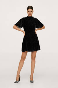 Mango semi-transparante fluwelen A-lijn jurk met all over print zwart, Zwart
