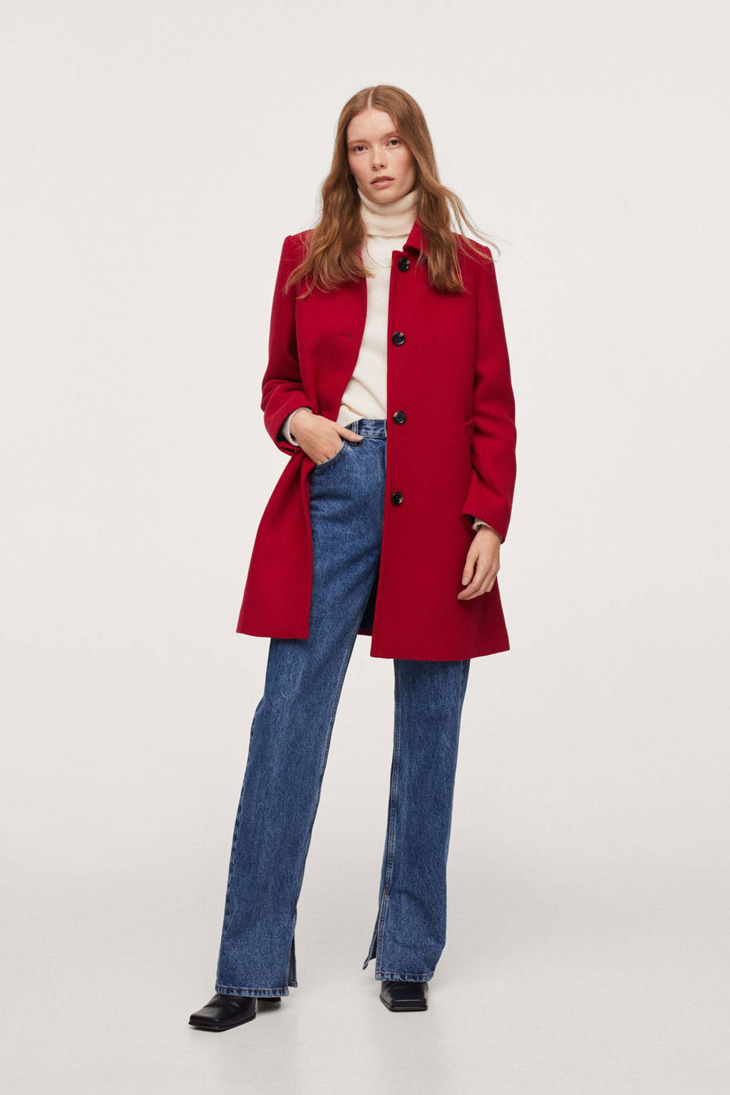 Rode dames Mango coat van gerecycled polyester met lange mouwen, klassieke kraag en knoopsluiting
