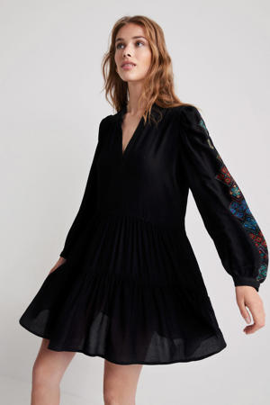 trapeze jurk met printopdruk en borduursels zwart