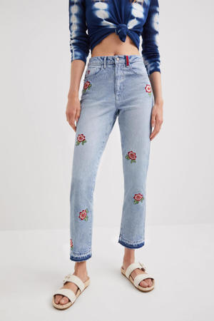 cropped straight fit jeans met borduursels light denim