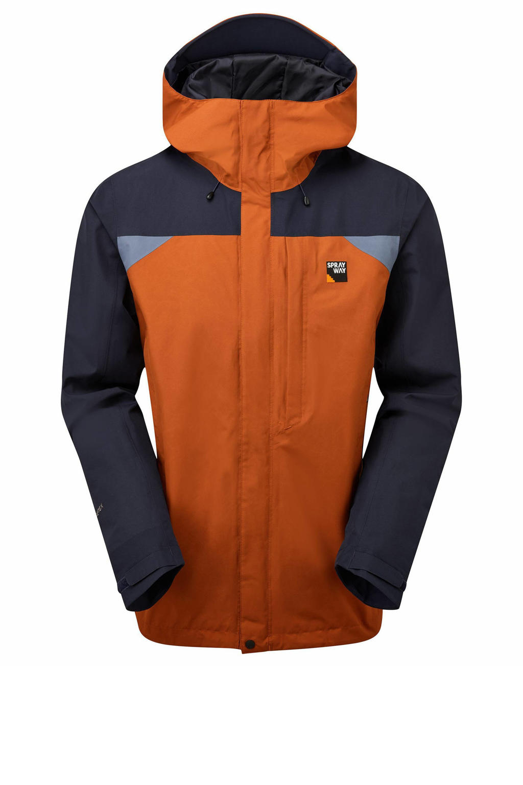 Oranje en donkerblauwe heren Sprayway outdoor jas Reaction Long GTX van polyester met meerkleurige print, lange mouwen, capuchon en 2-way rits