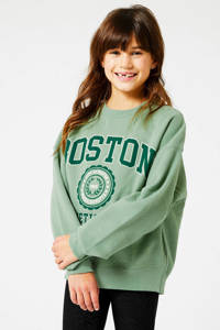 Groene meisjes America Today Junior sweater Sue Jr met tekst print, lange mouwen, ronde hals en geribde boorden