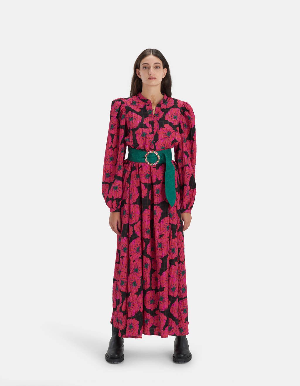 Shoeby Eksept gebloemde maxi jurk Big Floral roze/zwart/groen, Roze/zwart/groen