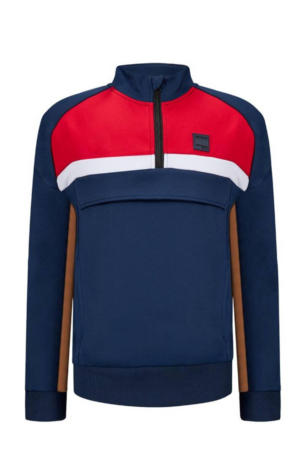 Donkerblauw, rood en witte jongens Retour Denim sweater Lennert met meerkleurige print, lange mouwen, opstaande kraag en halve rits