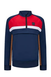 Donkerblauw, rood en witte jongens Retour Denim sweater Lennert met meerkleurige print, lange mouwen, opstaande kraag en halve rits