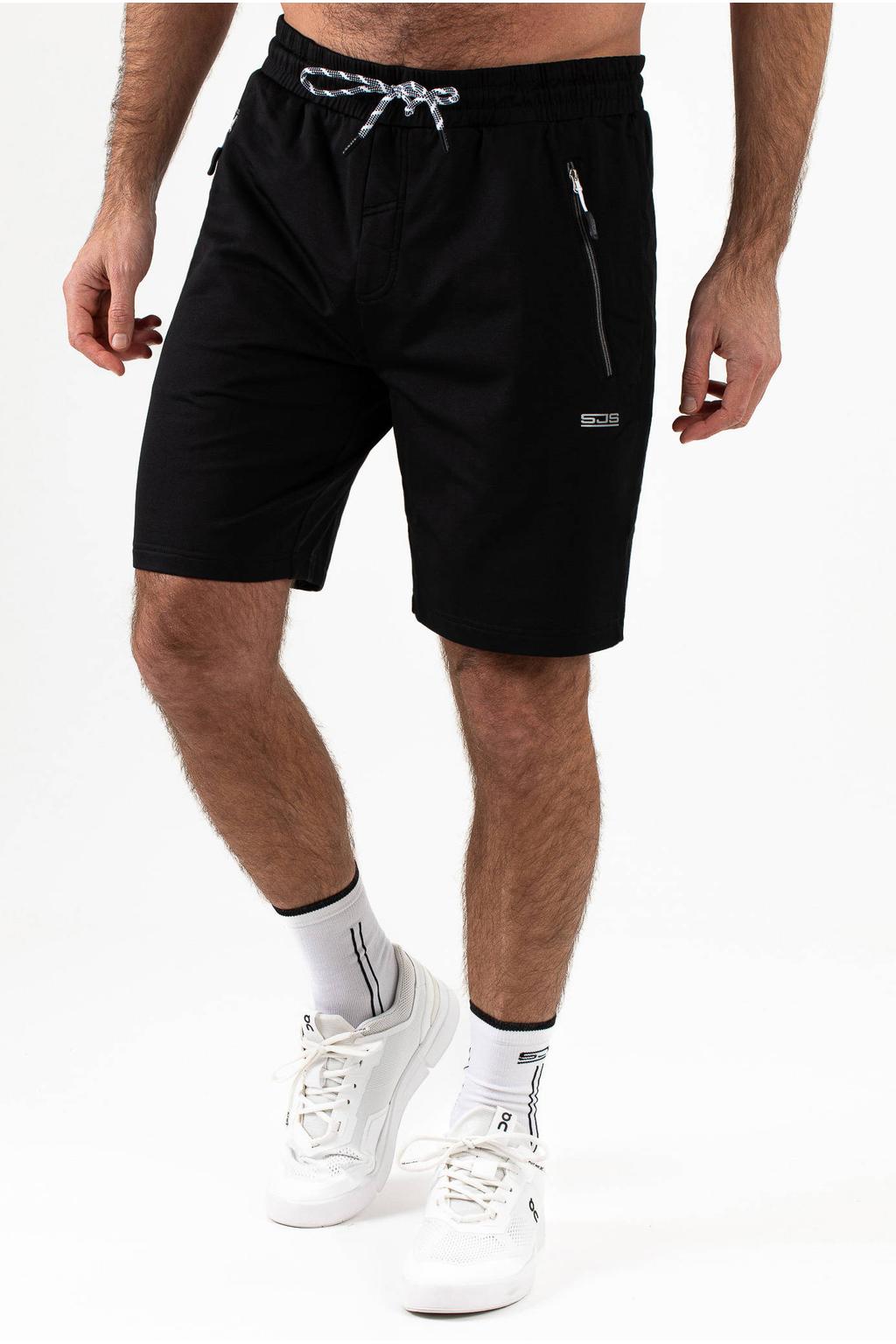 Zwarte heren Sjeng Sports sportshort Champ van polyester met regular fit, elastische tailleband met koord en logo dessin