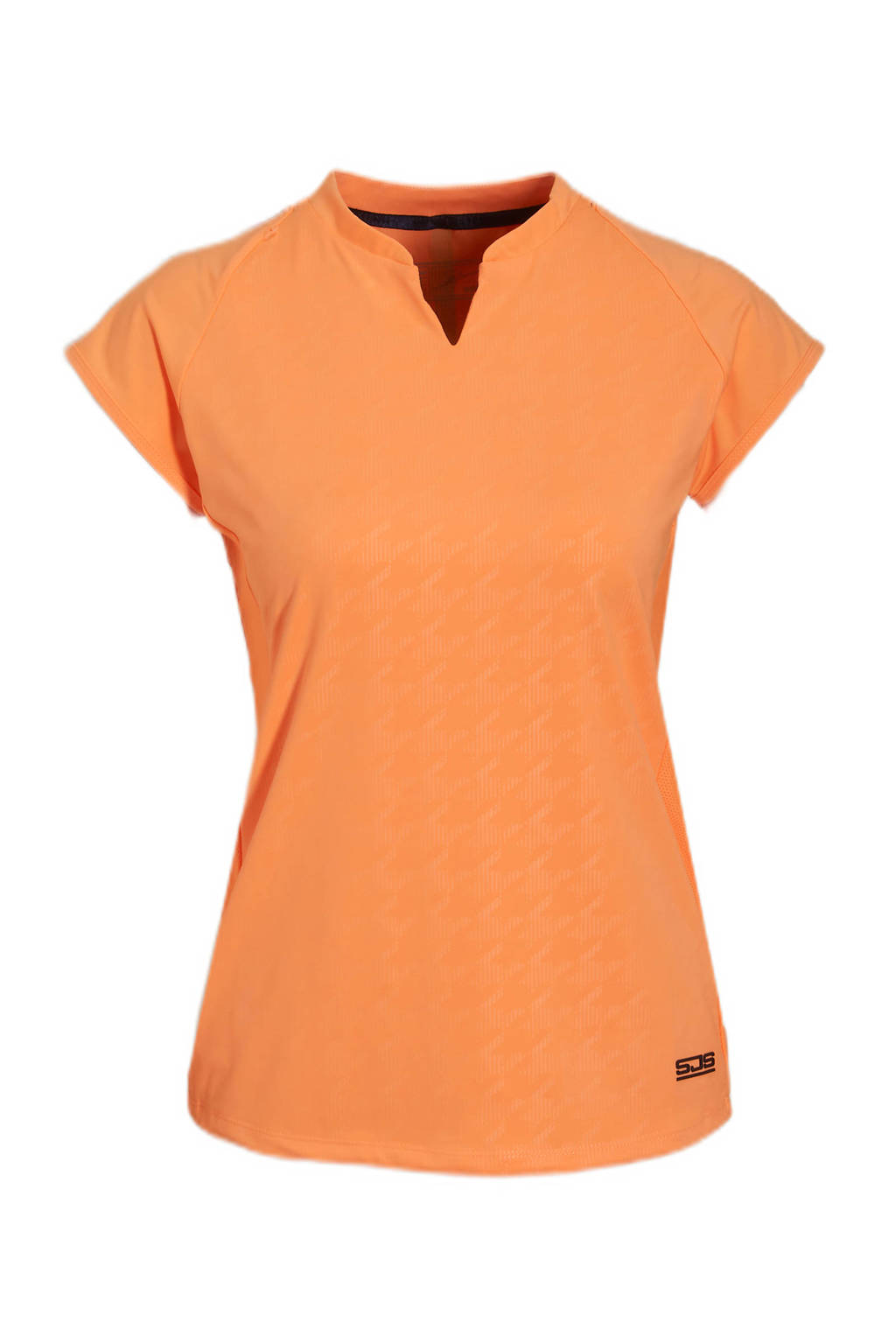 Oranje dames Sjeng Sports sporttop Honey van polyester met all over print, kapmouwtjes en V-hals