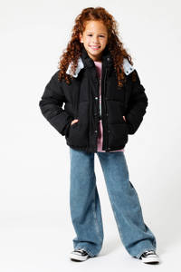 Zwarte meisjes America Today Junior gewatteerde winterjas van polyester met lange mouwen, capuchon en rits- en drukknoopsluiting
