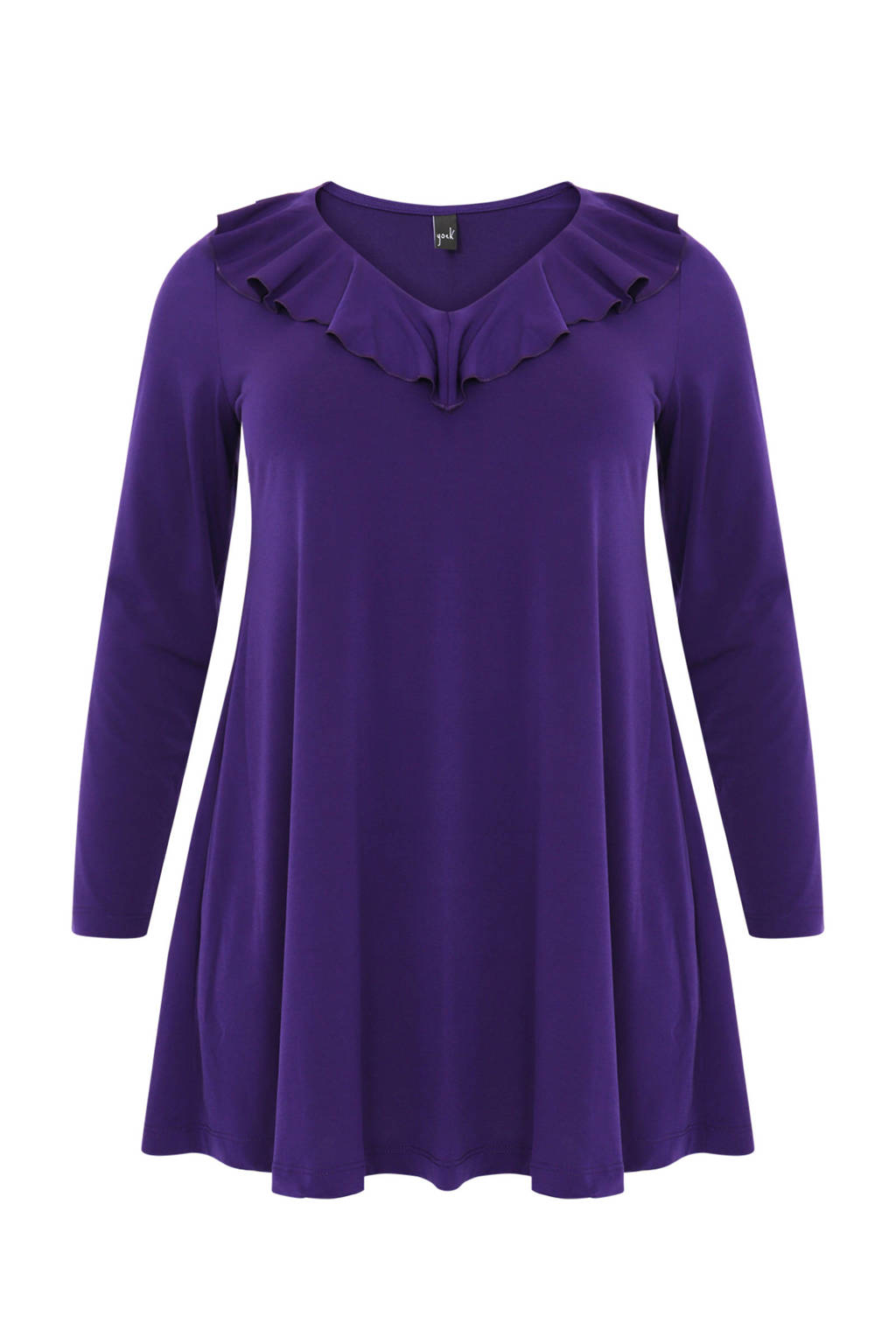 Paarse dames Yoek tuniek van polyester met lange mouwen, V-hals en volant