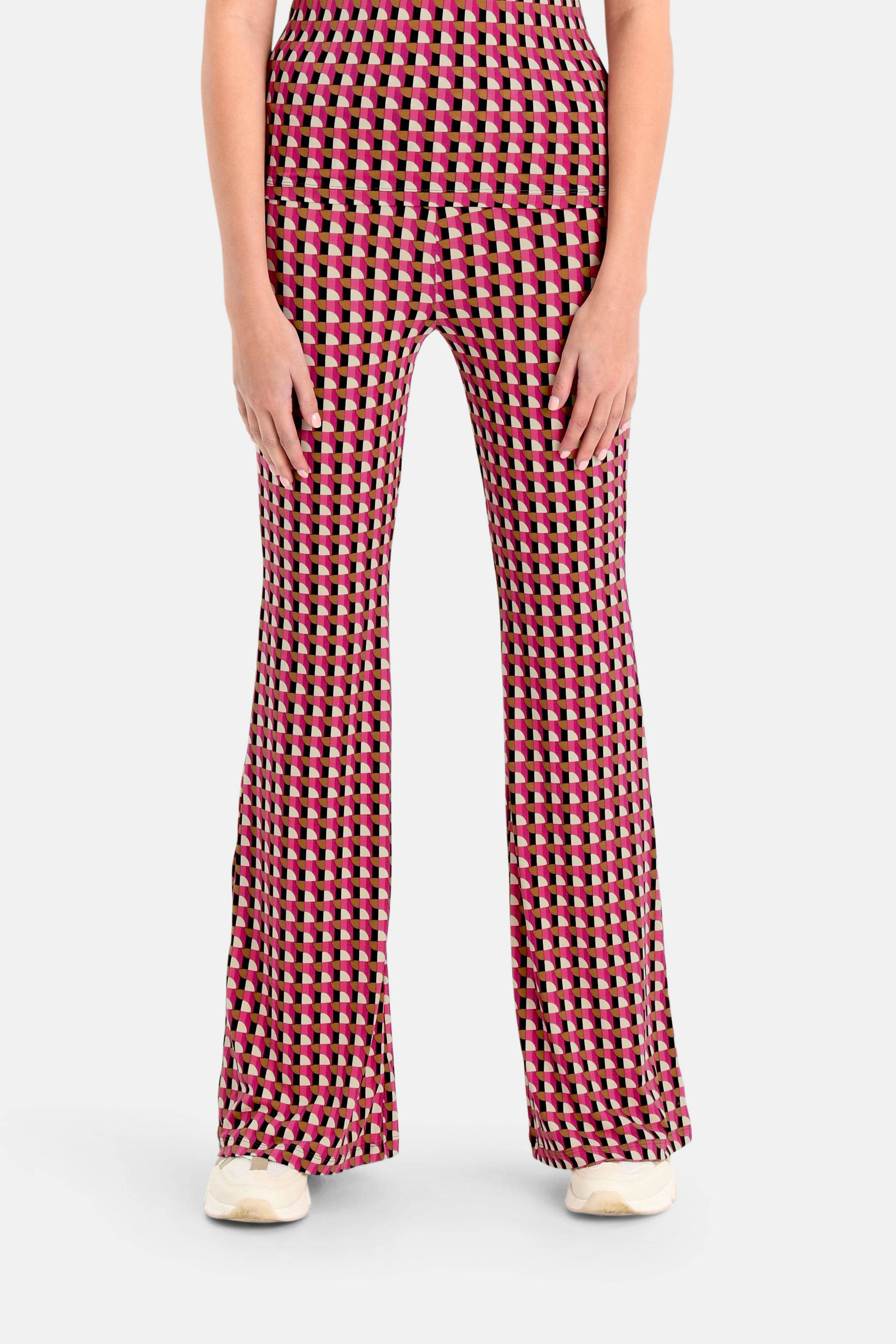 Shoeby Eksept high waist flared broek Retro met grafische print  roze/bruin/zwart/gebroken wit | wehkamp