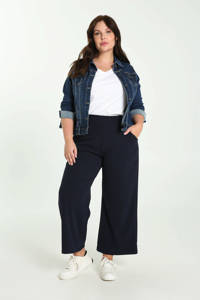 Donkerblauwe dames Paprika cropped wide leg broek van polyester met regular waist en elastische tailleband