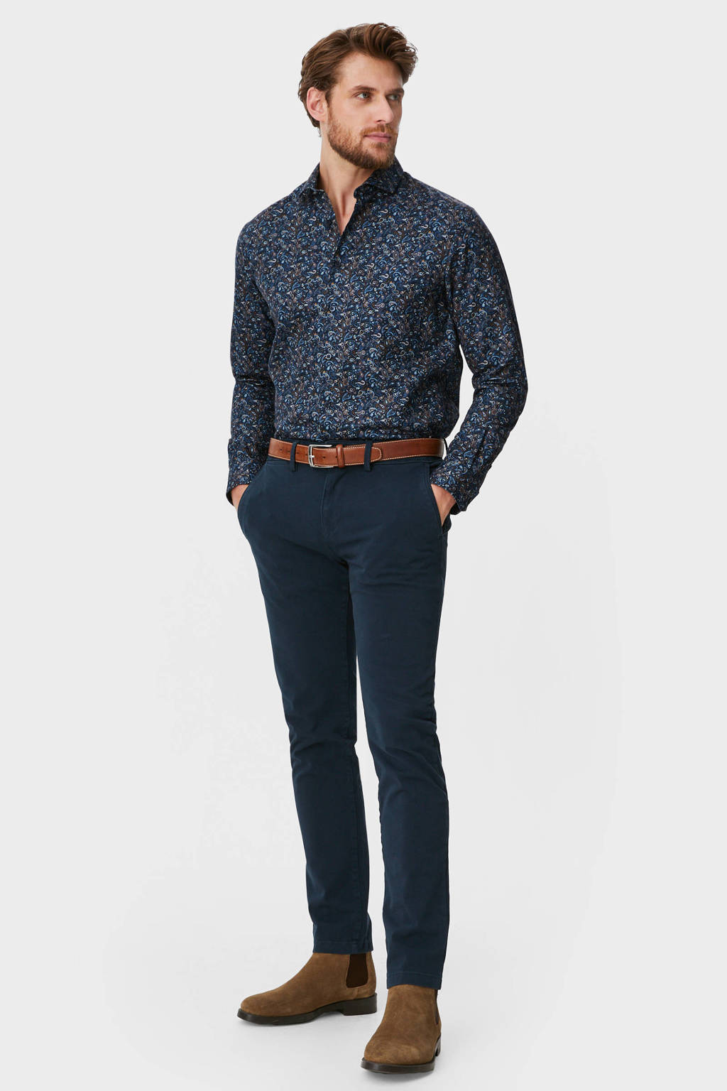 Donkerblauwe heren C&A regular fit overhemd van katoen met paisley print, lange mouwen, klassieke kraag en knoopsluiting