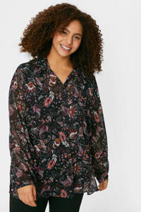C&A semi-transparante blouse met all over print en plooien zwart/roodbruin, Zwart/roodbruin
