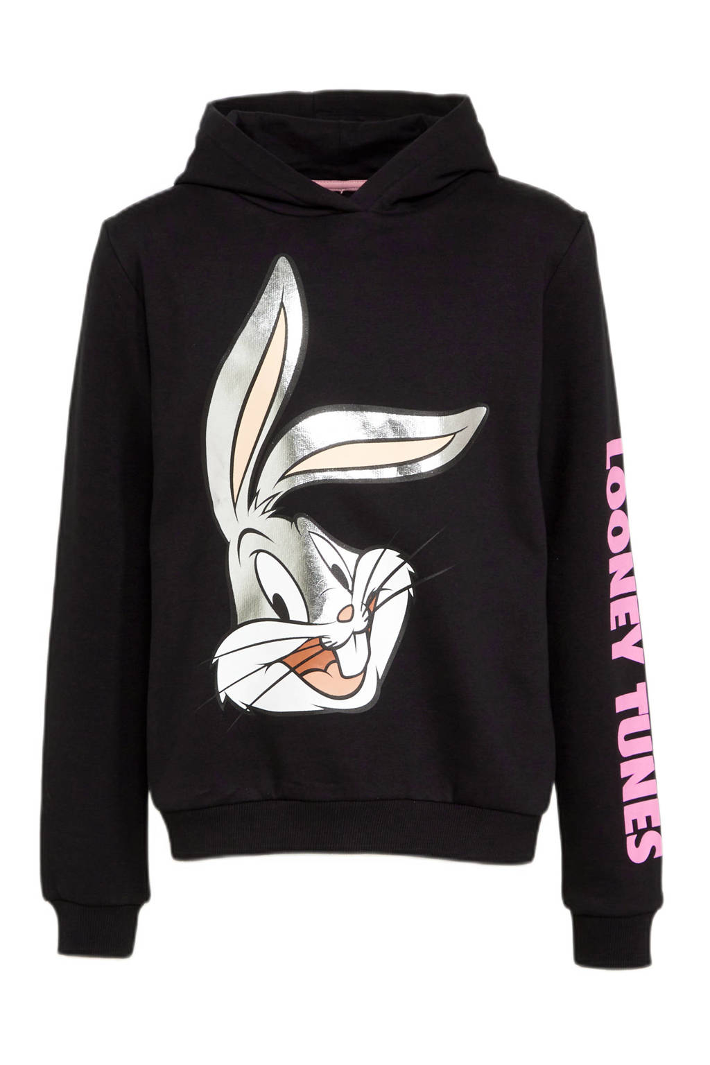 Zwart en roze meisjes C&A Bugs Bunny hoodie van sweat materiaal met printopdruk, lange mouwen, capuchon en geribde boorden