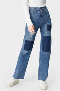 Blauwe dames C&A Clockhouse high waist mom jeans van stretchdenim met rits- en knoopsluiting