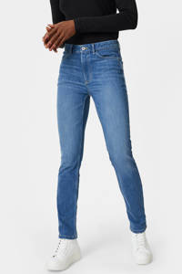 Lichtblauwe dames C&A skinny jeans van stretchdenim met regular waist en rits- en knoopsluiting