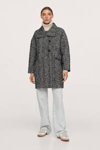 Zwart en witte dames Mango coat van katoen met visgraat print, lange mouwen, klassieke kraag en knoopsluiting