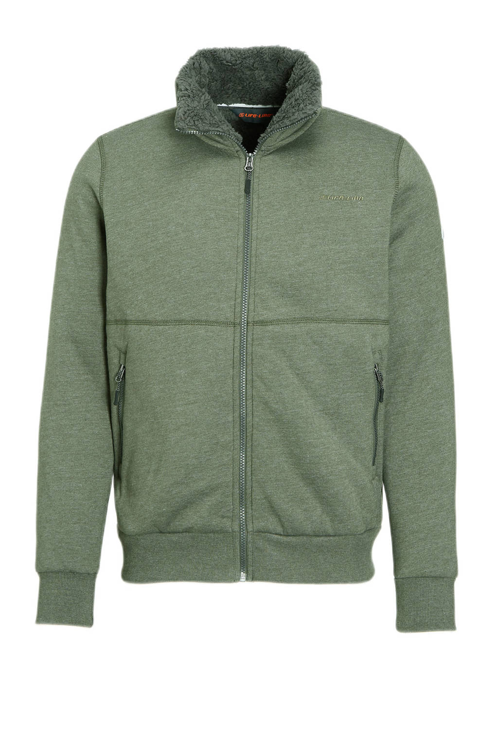 Donkergroene heren Life-Line outdoor fleece vest Miles met lange mouwen, opstaande kraag en ritssluiting