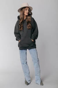 Antraciete dames Colourful Rebel hoodie van duurzaam katoen met backprint, lange mouwen, capuchon en geribde boorden