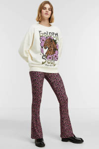 Ecru dames Colourful Rebel sweater van duurzaam katoen met printopdruk, lange mouwen, ronde hals en geribde boorden