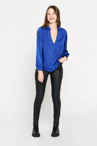 Blauwe dames LOLALIZA blouse van polyester met lange mouwen, button down sluiting, knoopsluiting en glimmend detail
