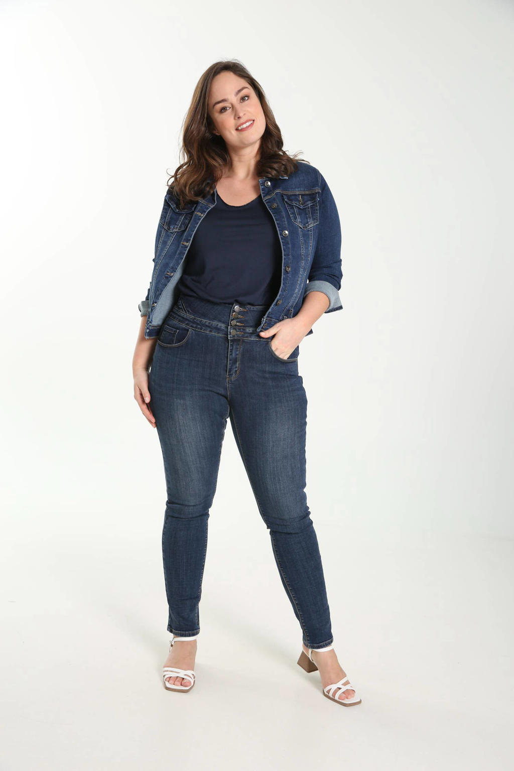 Donkerblauwe dames Paprika high waist slim fit jeans van stretchdenim 