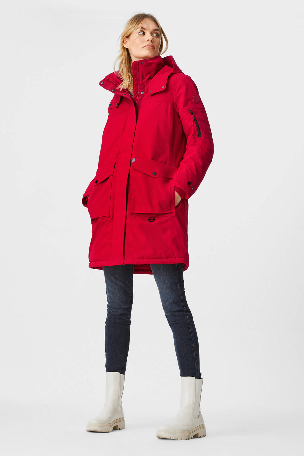 Rode dames C&A jas van polyester met lange mouwen, capuchon en rits- en drukknoopsluiting