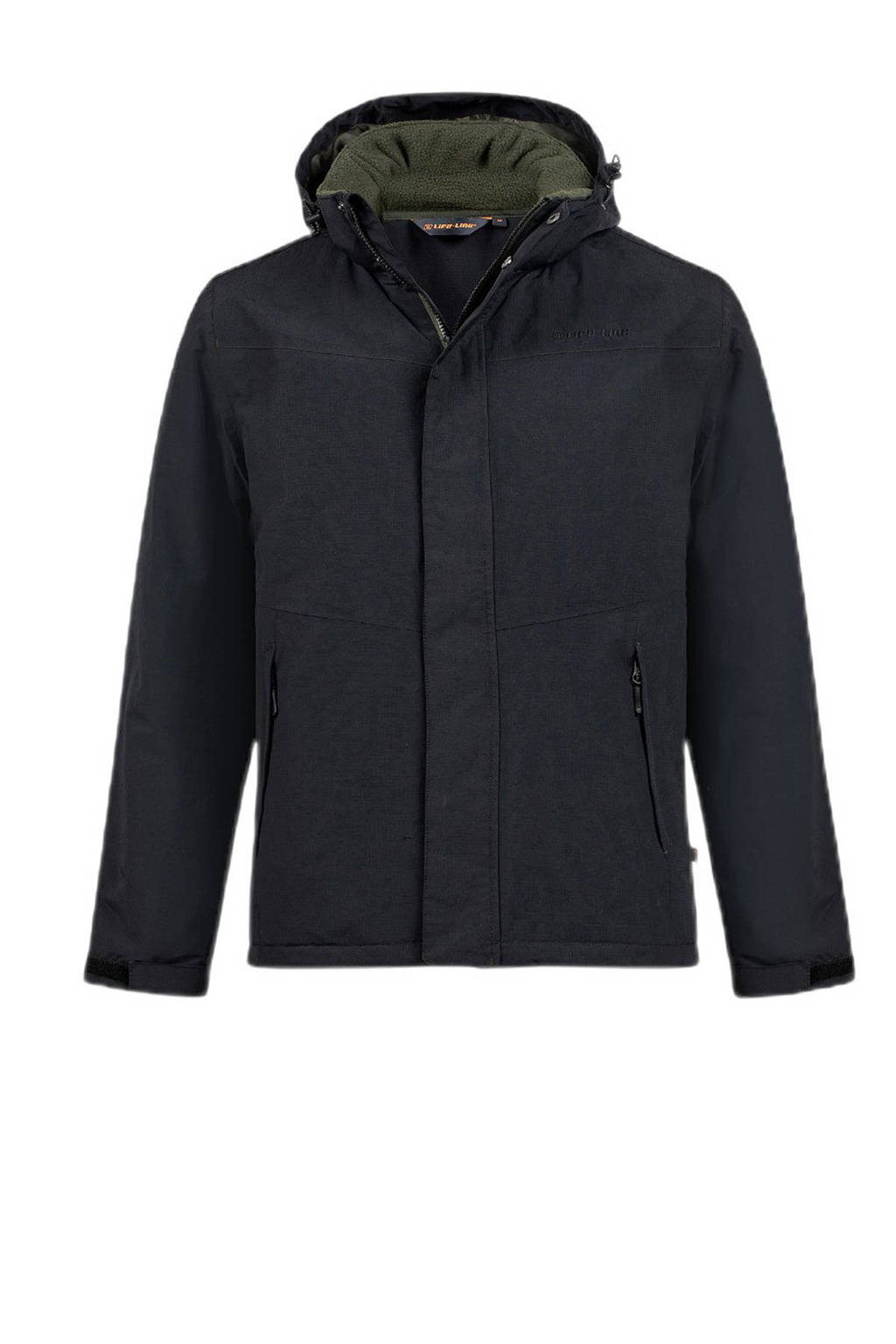 Zwarte heren Life-Line outdoor jas Lennox van nylon met lange mouwen, capuchon en rits met windvanger