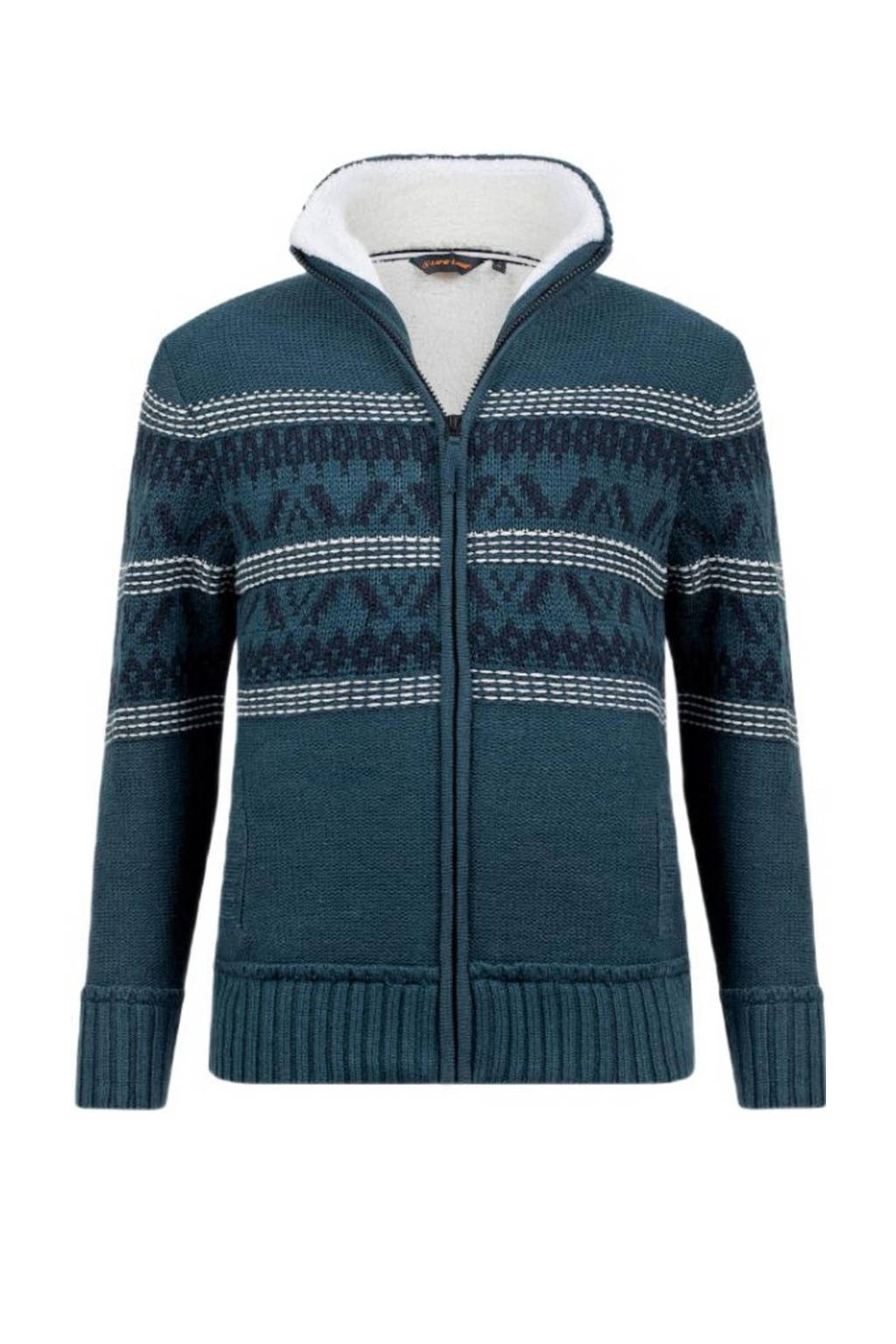 Petrolkleurige heren Life-Line outdoor fleece jas Milo van katoen met printopdruk, lange mouwen, opstaande kraag, ritssluiting en gebreide details