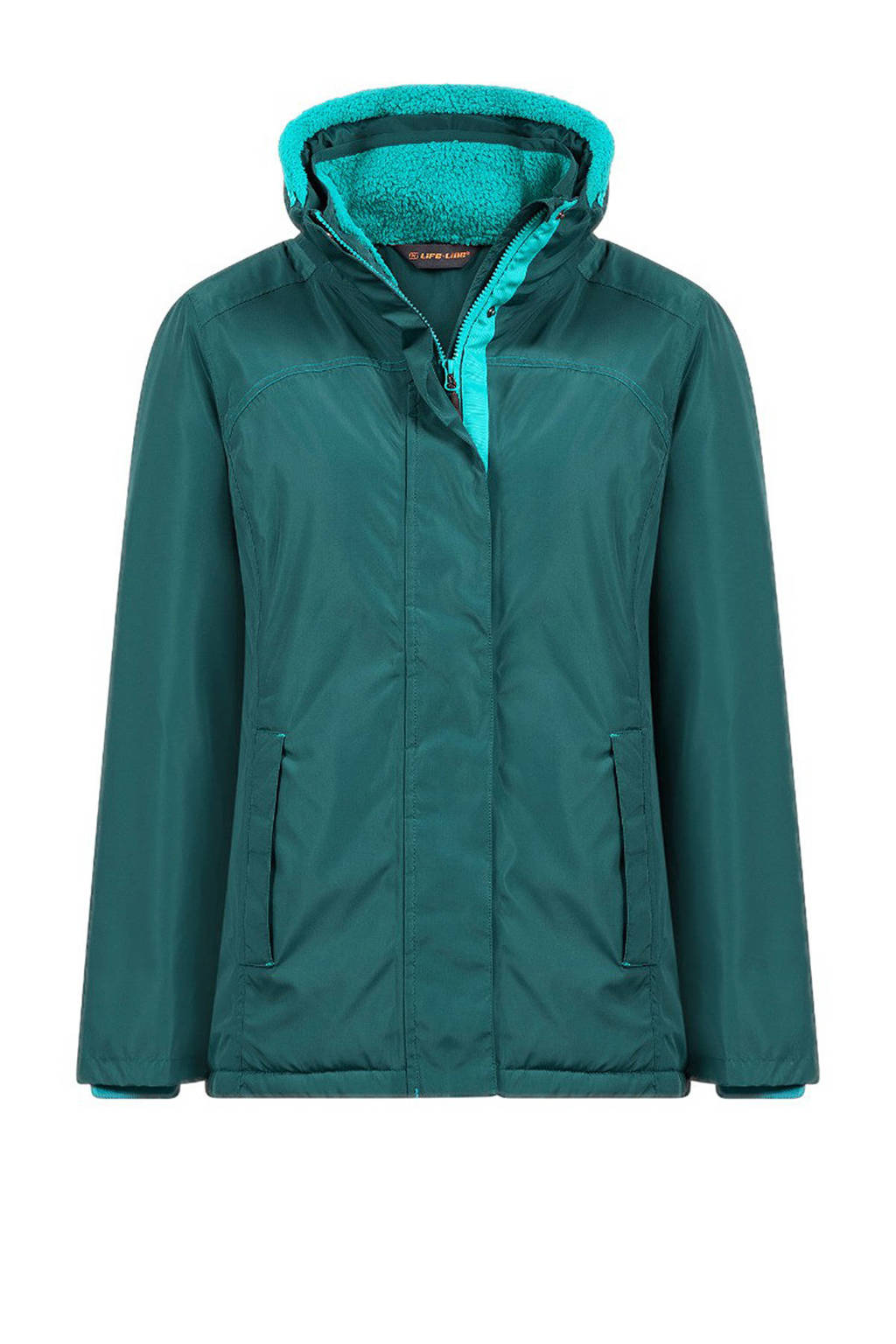 Donkergroene dames Life-Line outdoor jas Kayla van polyester met lange mouwen, capuchon en rits met windvanger