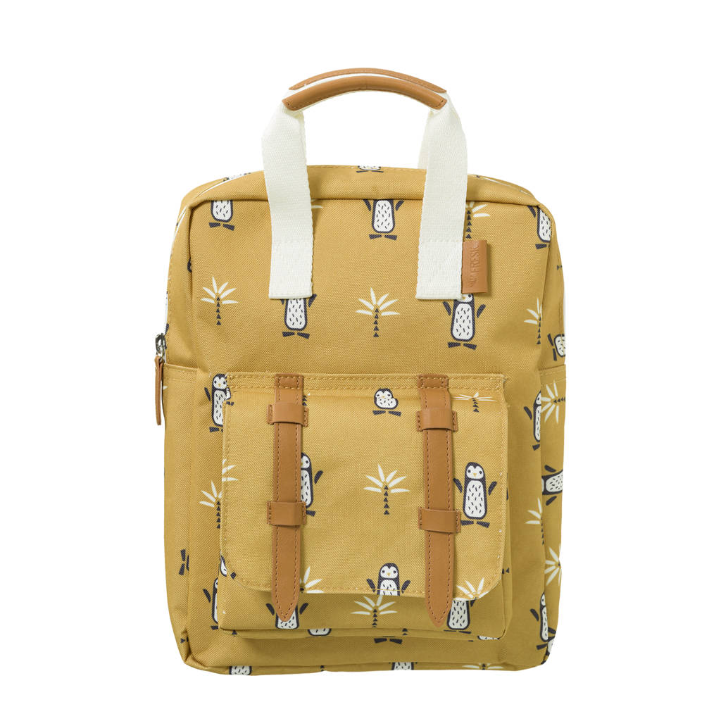 Fresk rugzak Small met pinguinprint okergeel, okergeel/wit/camel