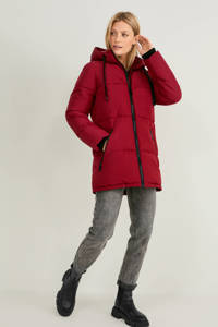 Rode dames C&A gewatteerde jas van polyester met lange mouwen, capuchon, ritssluiting en doorgestikte details