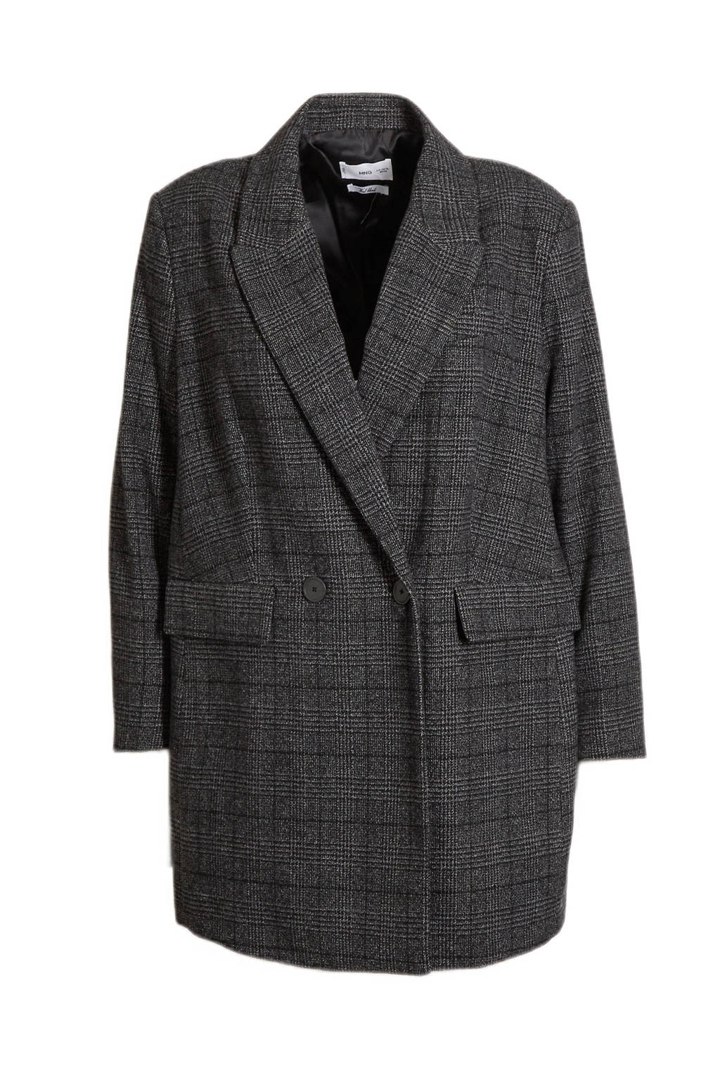 Antraciete dames Mango Plus Size geruite blazer van polyester met lange mouwen, reverskraag, double breasted sluiting en schoudervulling